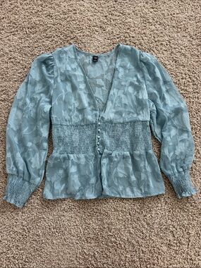 SHEIN Pale Blue Floral Jacquard Smocked Waist V-Neck Blouse